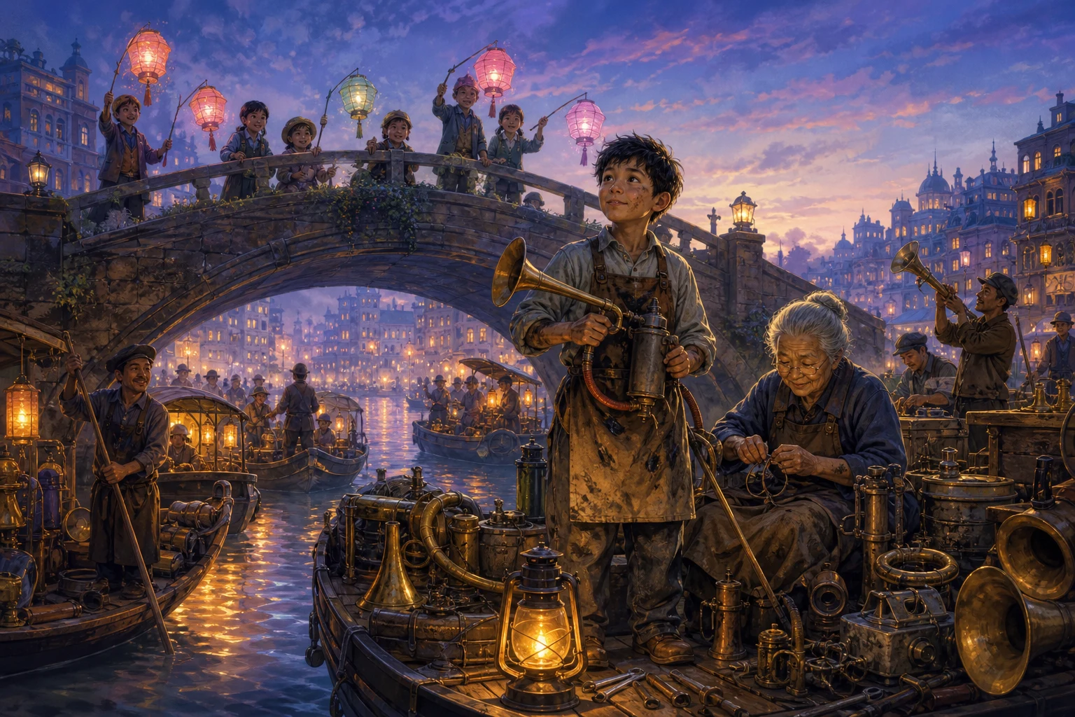 A boy and his grandmother test ferry horns beside lantern boats on a glowing canal.