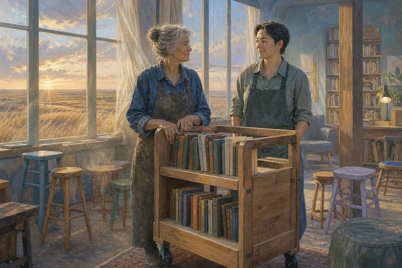 A cabinetmaker and her student admire a handmade book cart in a warm reading room.