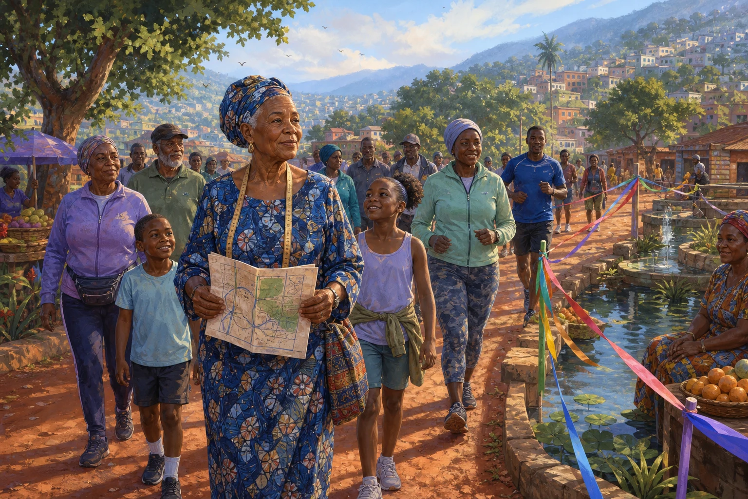 An older seamstress leads a diverse walking group along ribbon-marked paths beside a city water garden.