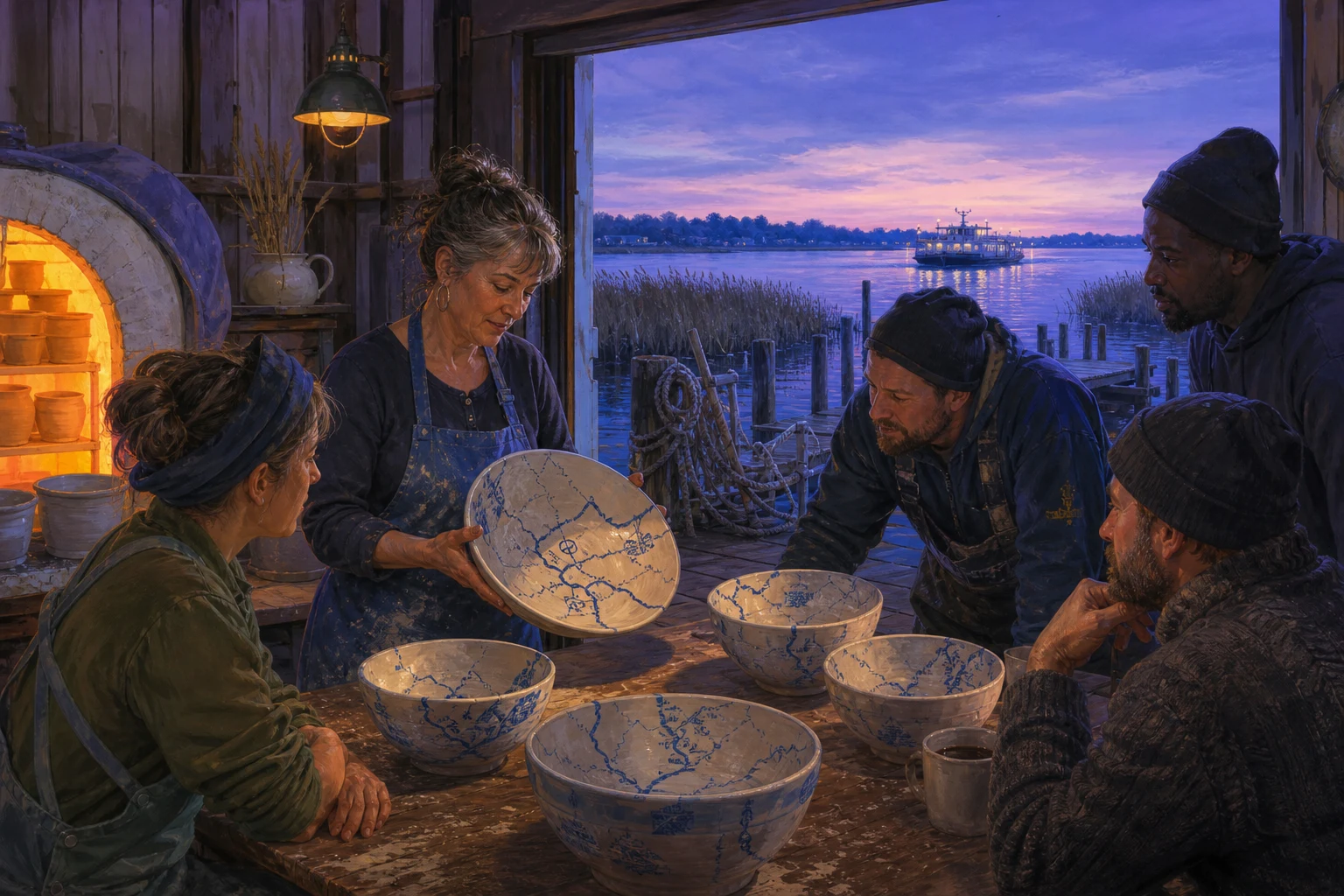 A potter and dockworkers examine imperfect blue-marked bowls beside a glowing kiln.