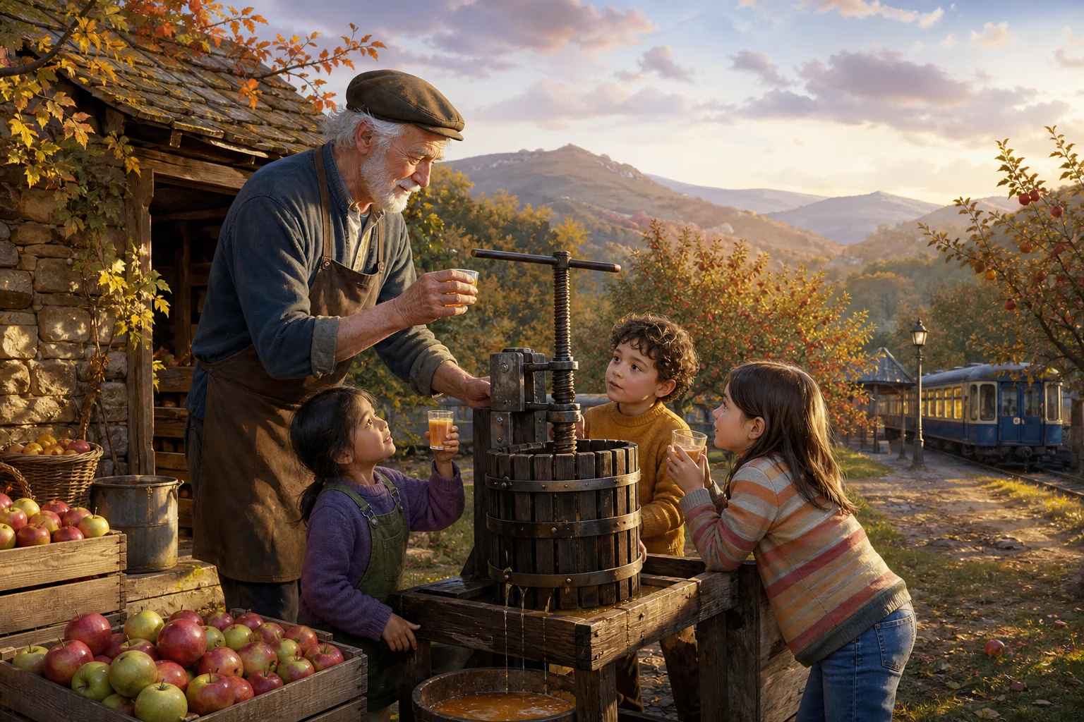 An orchard keeper and three children conduct apple-juice experiments beside an old wooden press.