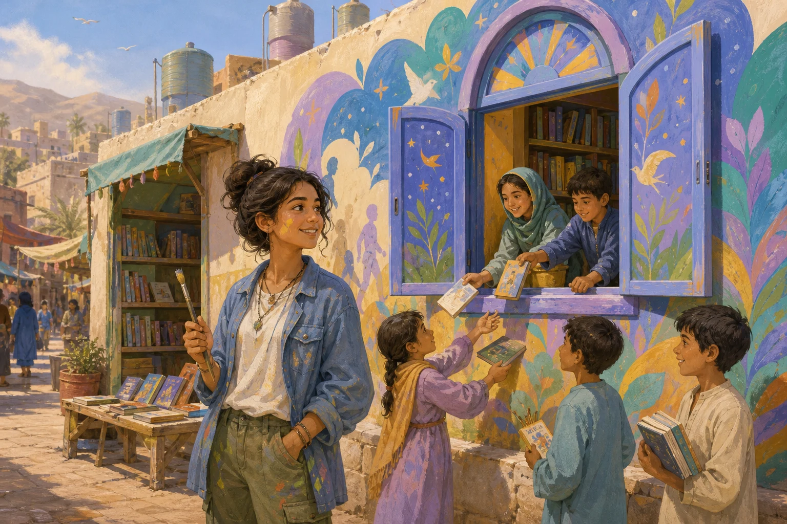 A teenage girl and children gather around a painted reading window where books and story cards are exchanged.