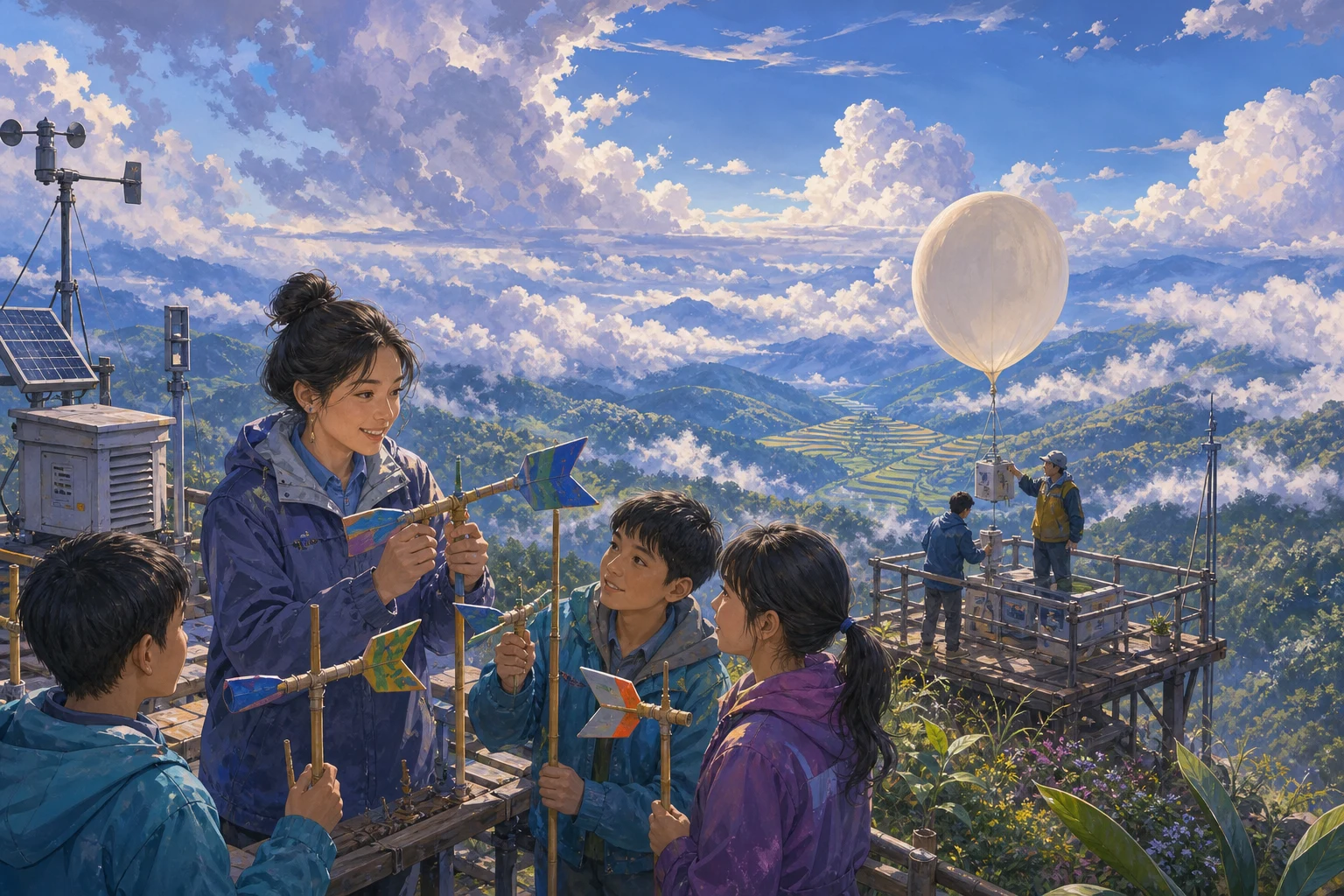 A weather technician and students study handmade wind vanes beside a balloon platform above a cloud-filled mountain valley.