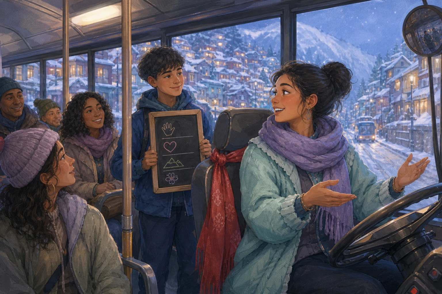 A bus driver and teenage apprentice share local greetings with passengers as snow covers the steep city streets.
