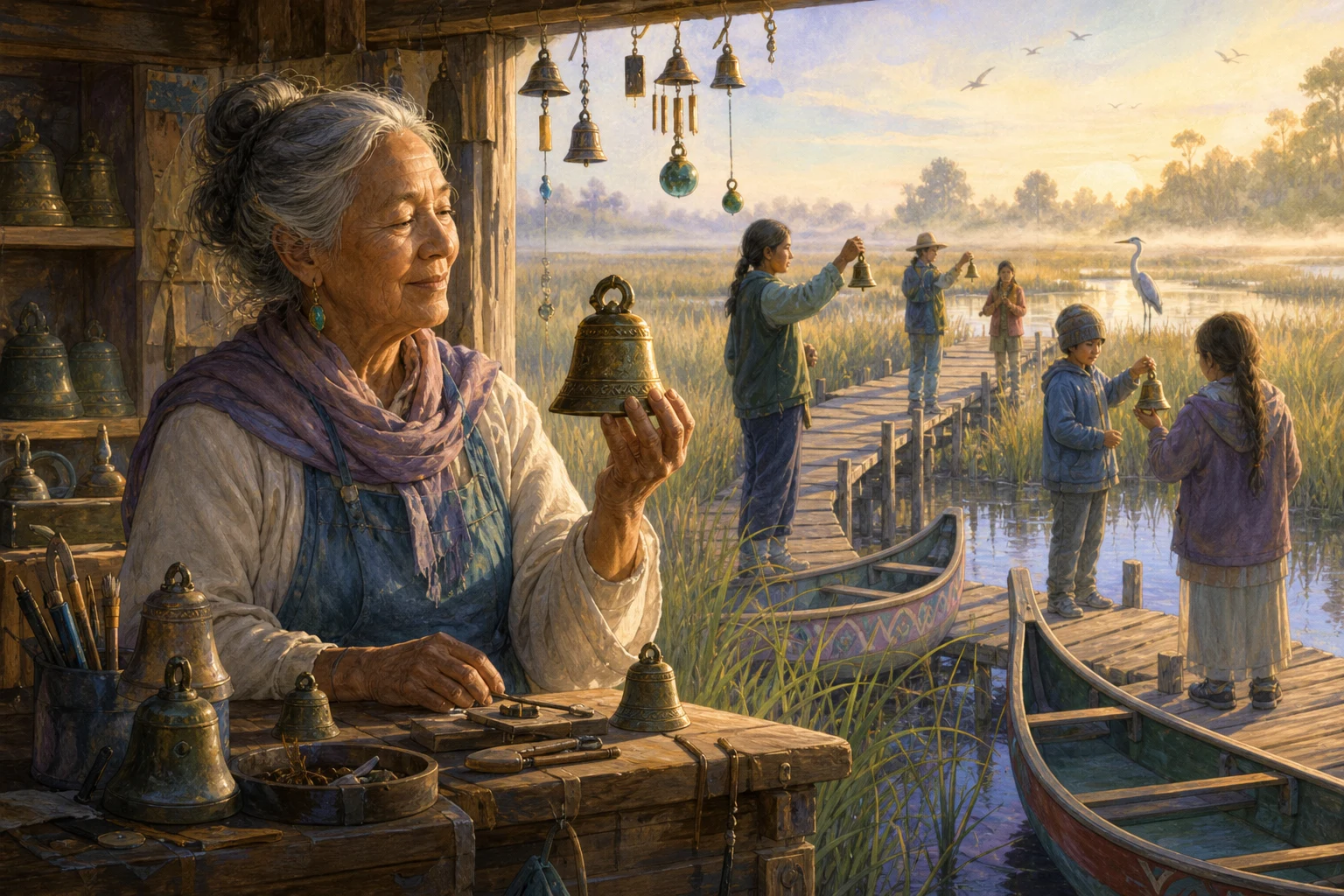 An elderly bellmaker and young canoe guides test handmade bells along a misty marsh boardwalk.