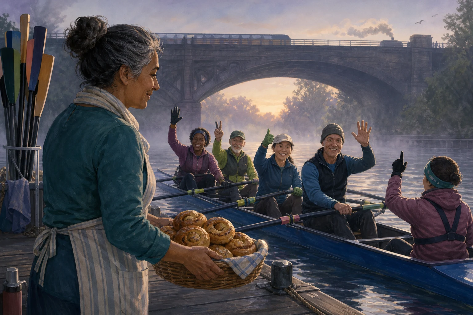 A rowing crew adjusts its rhythm together on a misty river while a baker waits on the dock with warm buns.