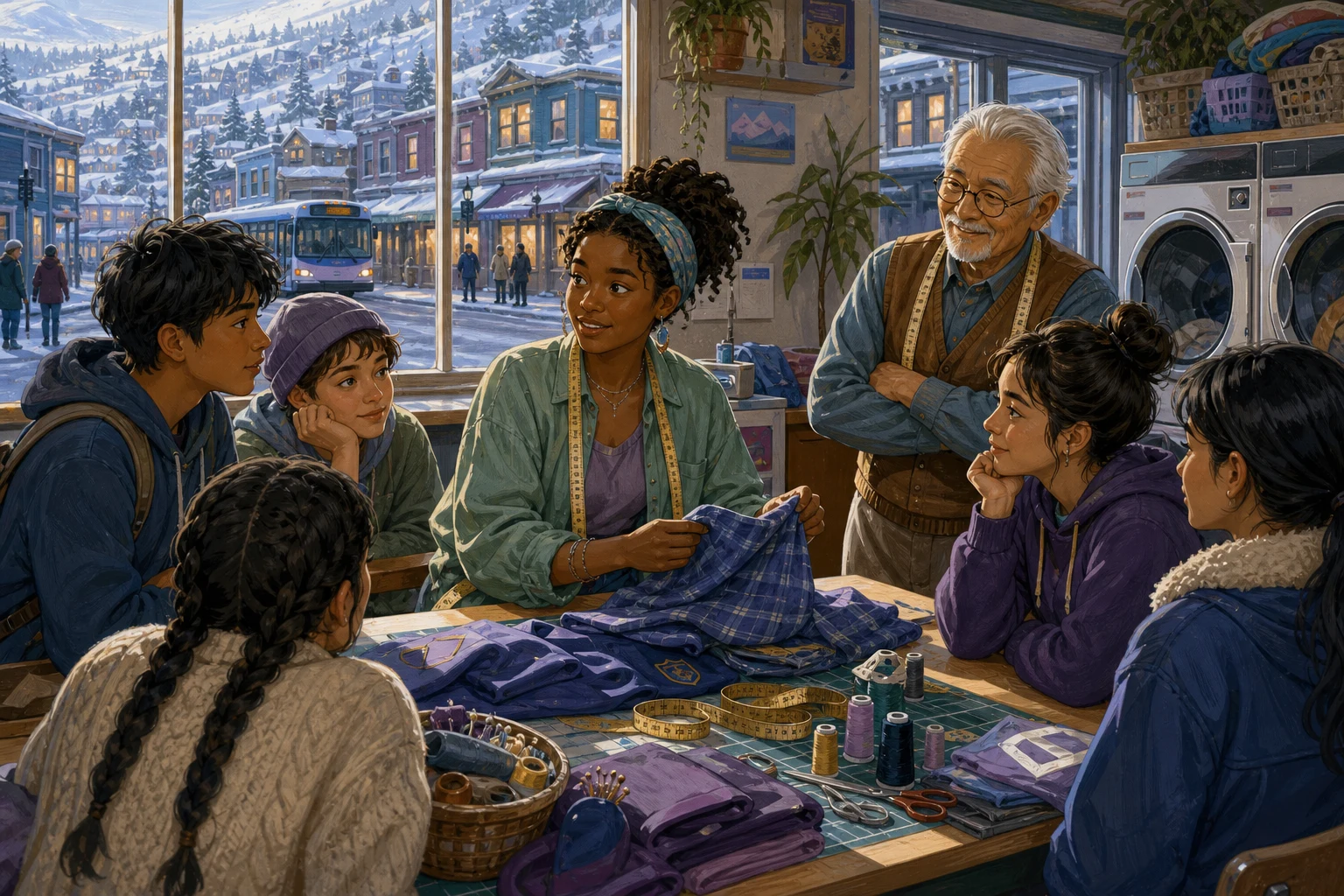 Amara listens to students at a sewing and fitting table inside a mountain laundromat.