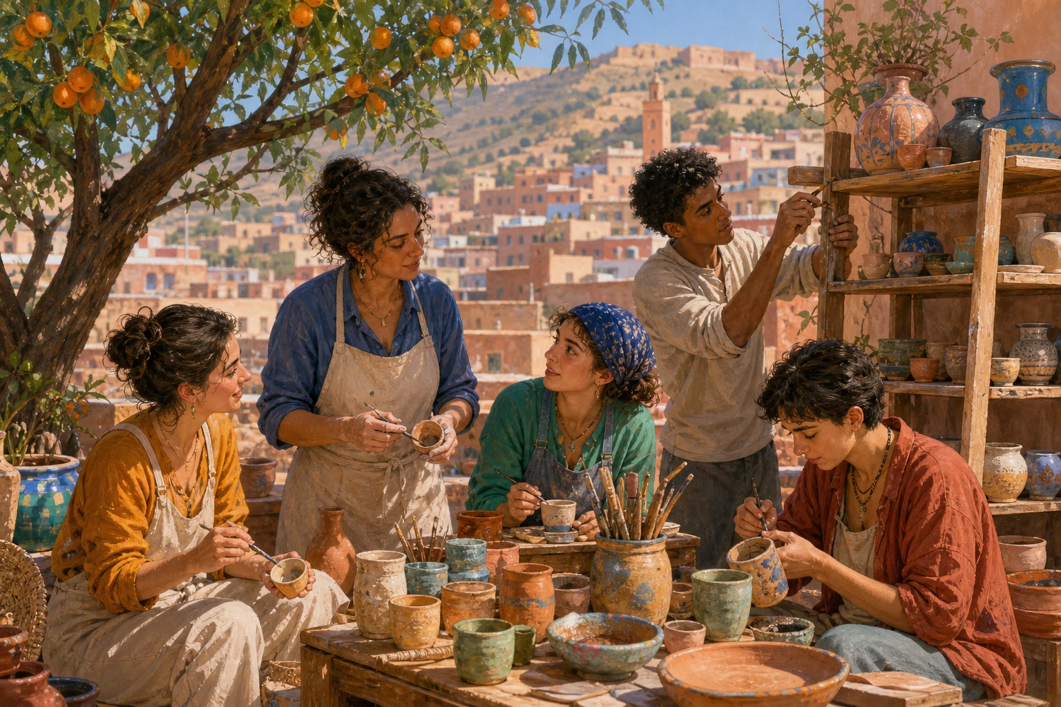 Yara and her students arrange handmade ceramic cups beside a repaired drying shelf on a rooftop.