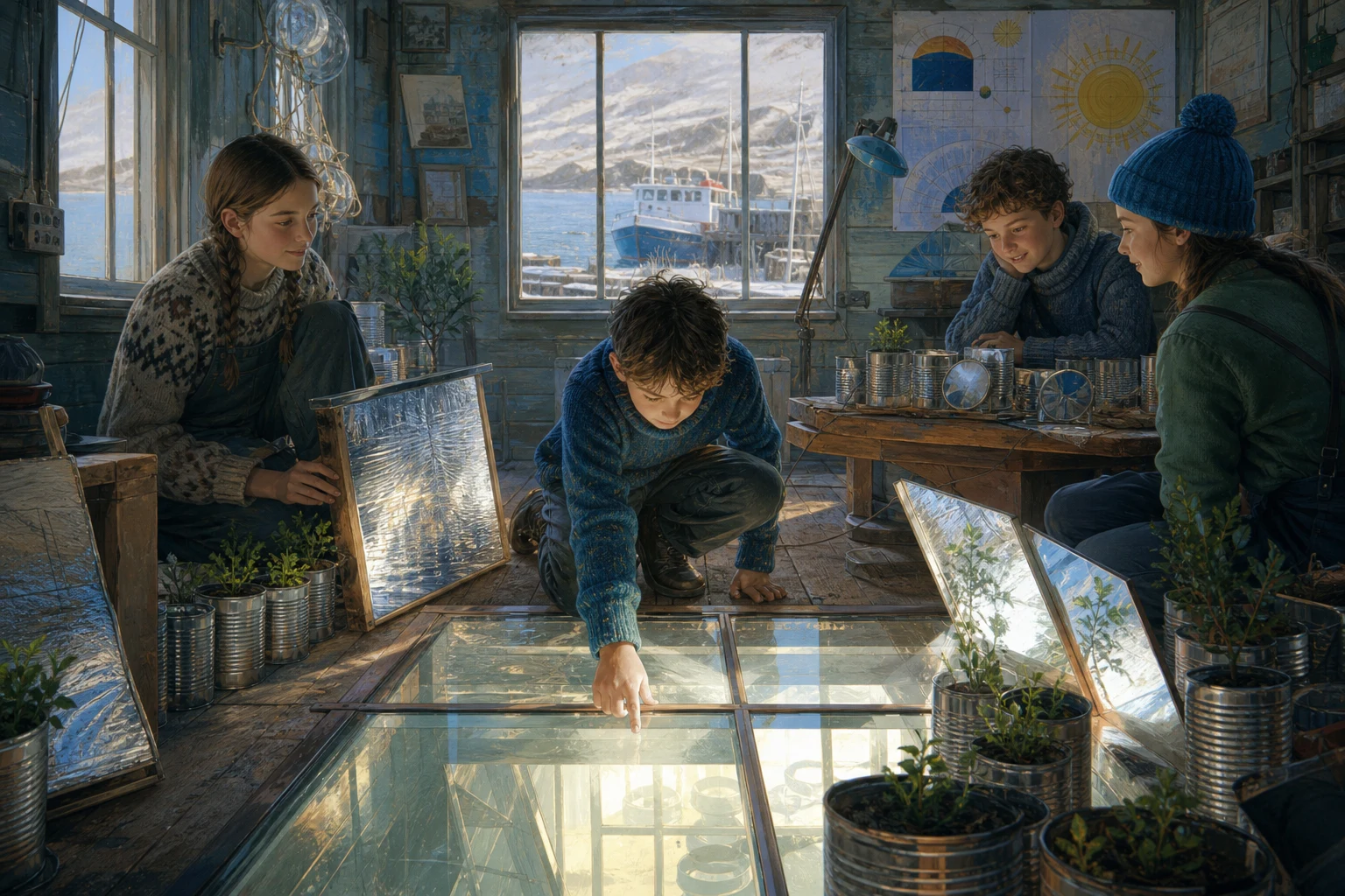 Elian and his cousins tend a thriving seedling garden beneath a glass floor panel in an old island house.