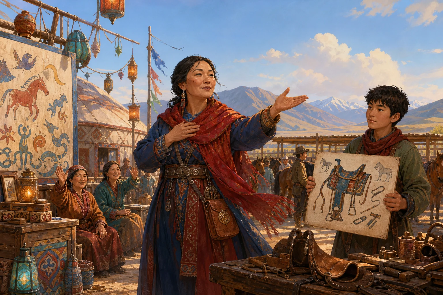 Darya uses painted signs and gestures to connect visitors with makers at a lantern-lit steppe fair.
