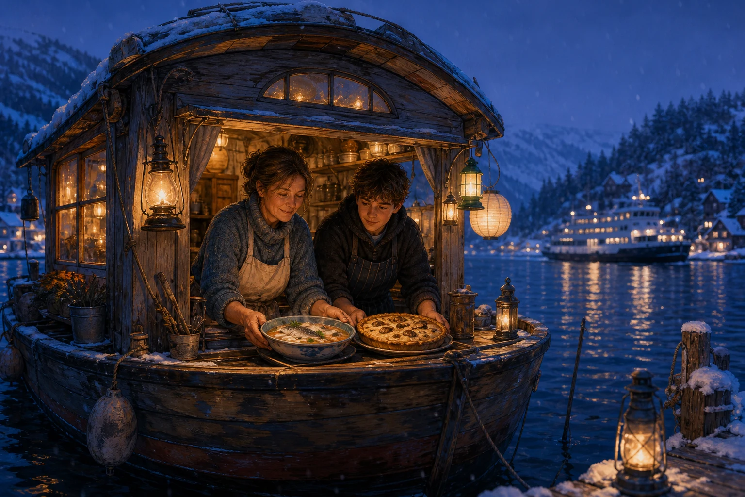 A widowed cook and her teenage nephew serve food from a warmly lit floating boat on a snowy lake.