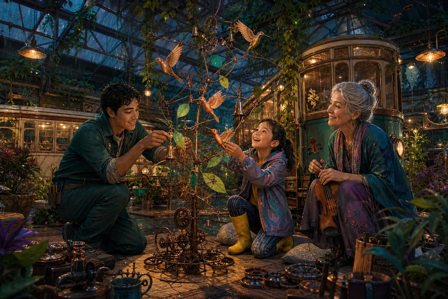 Three makers admire a handmade kinetic display of copper hummingbirds and bells inside a vine-covered tram depot.
