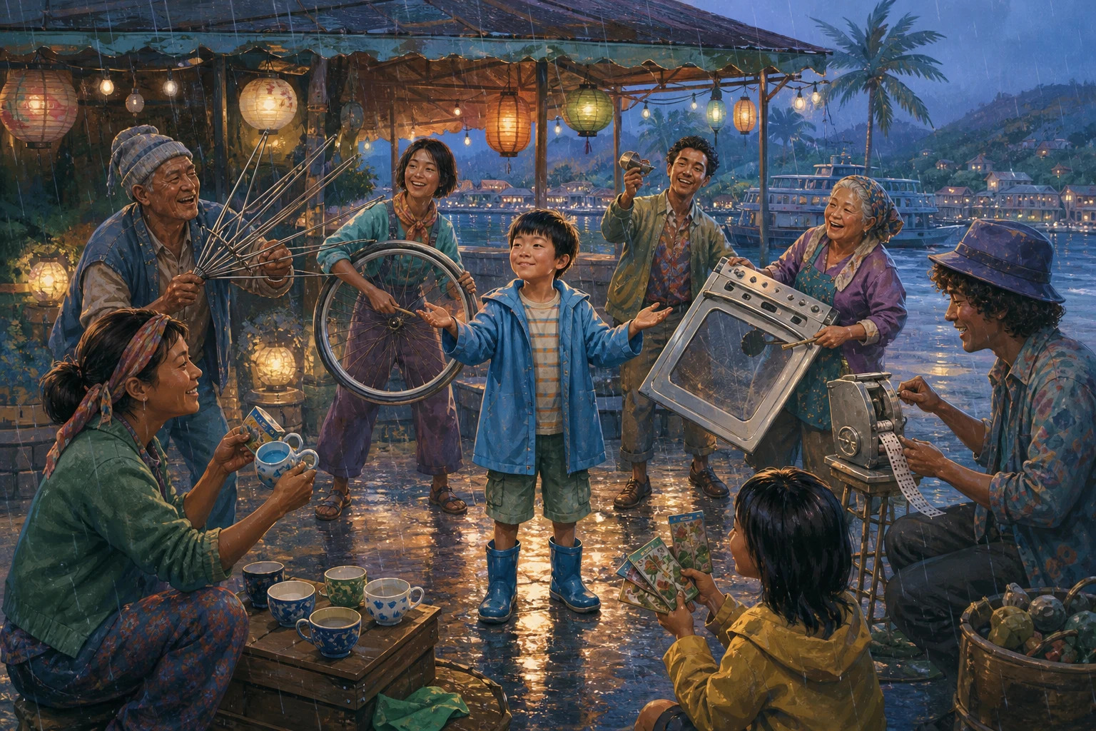 Jun and market neighbors create music together with everyday objects beneath lanterns and rain.
