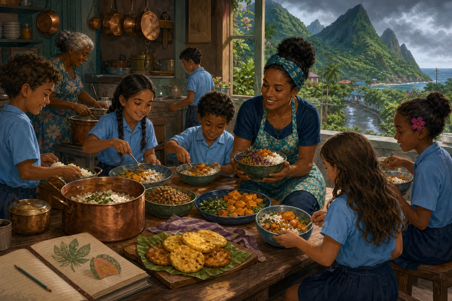 A school cook and children prepare a shared lunch in a mountain kitchen.