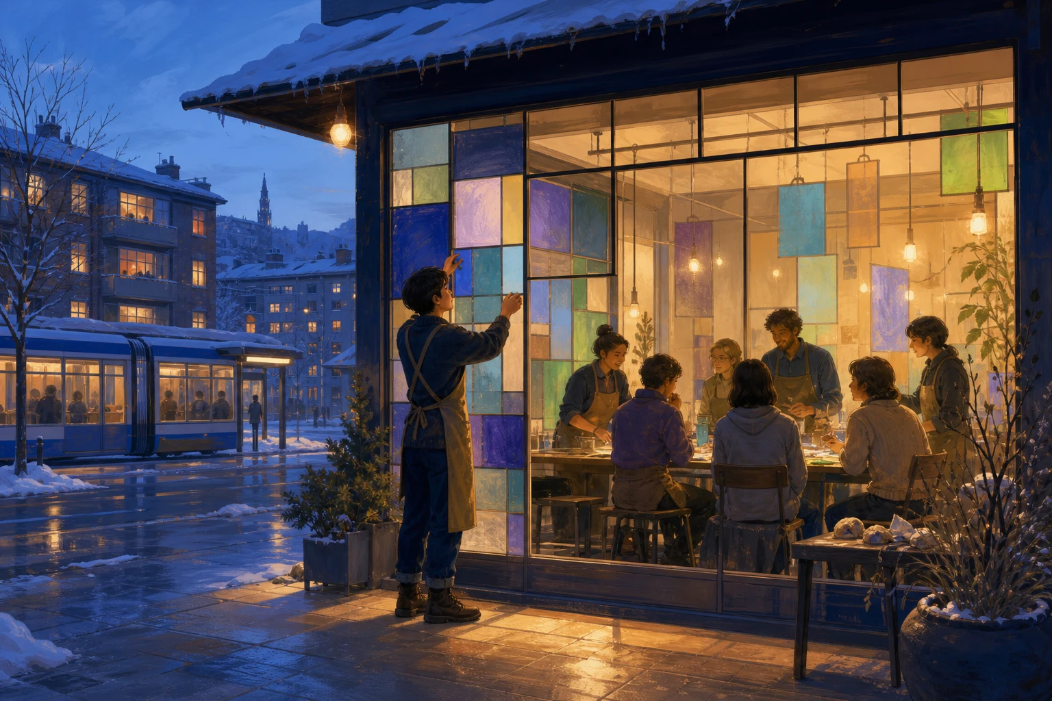 A young glazier adjusts glowing translucent panels on a storefront while an evening class gathers inside.
