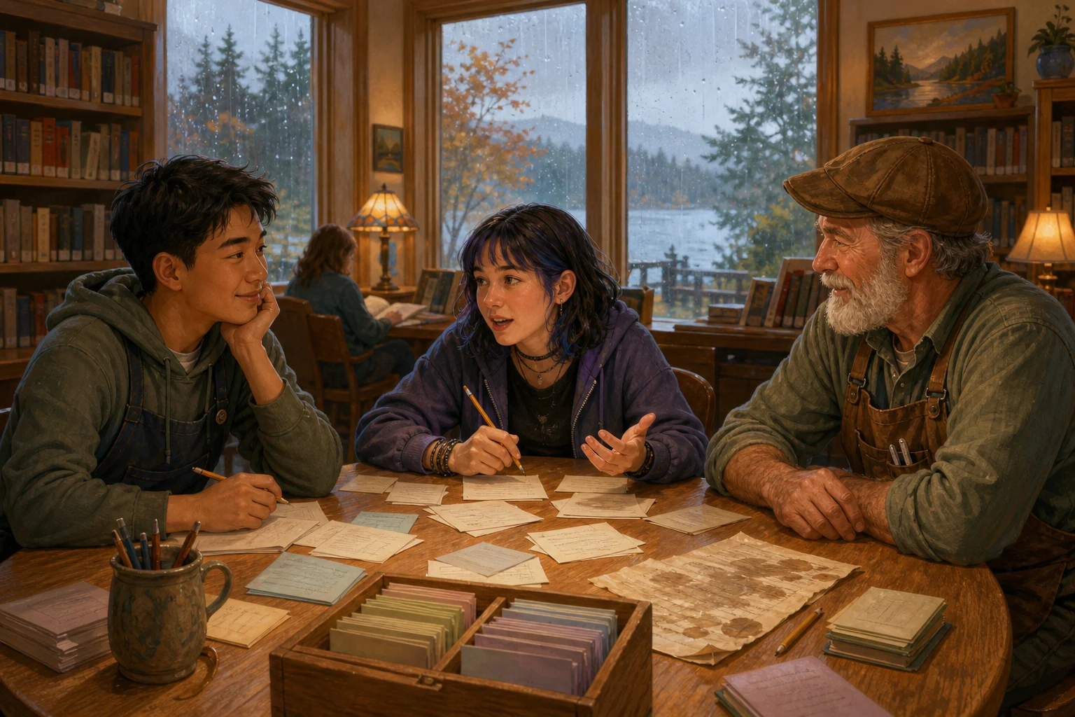 A library aide, teenage volunteer, and carpenter sort handmade dictionary cards around a library table.