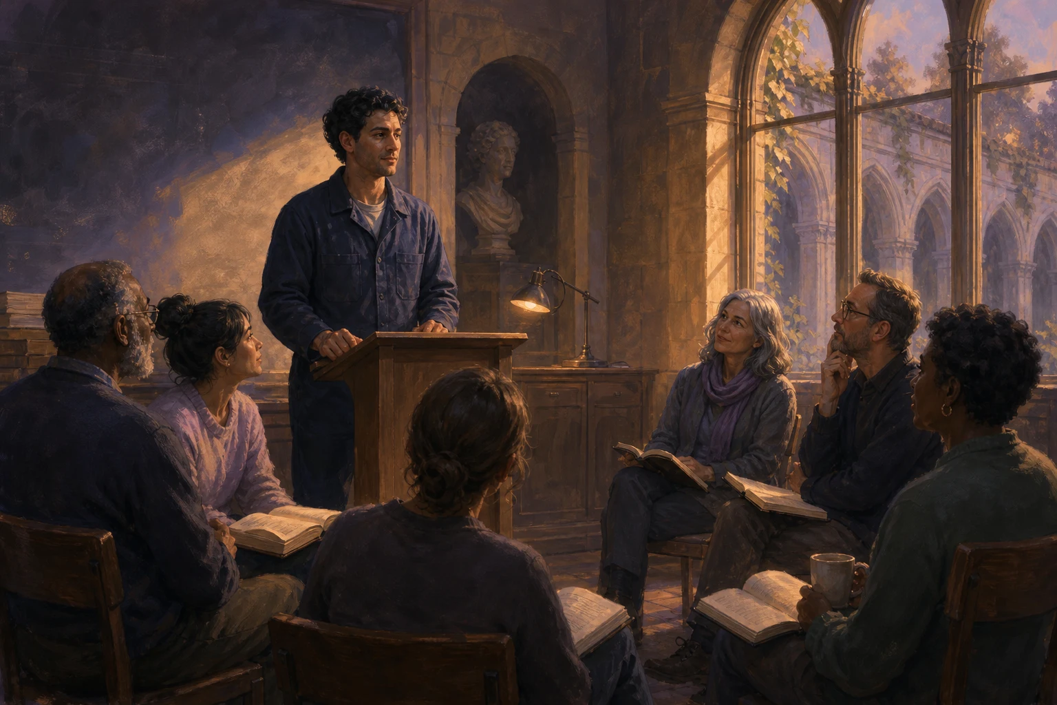 A night custodian reads aloud while adult learners follow along in a warmly lit old lecture room.