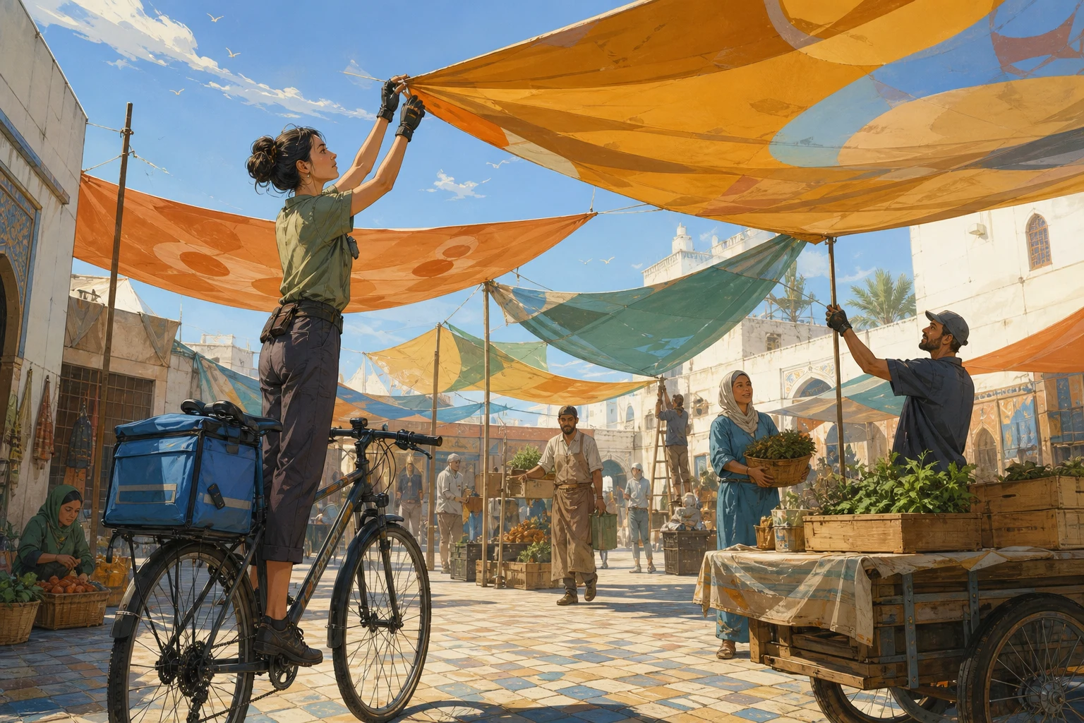 A bicycle courier and market workers assemble colorful shade panels along a sunlit market route.