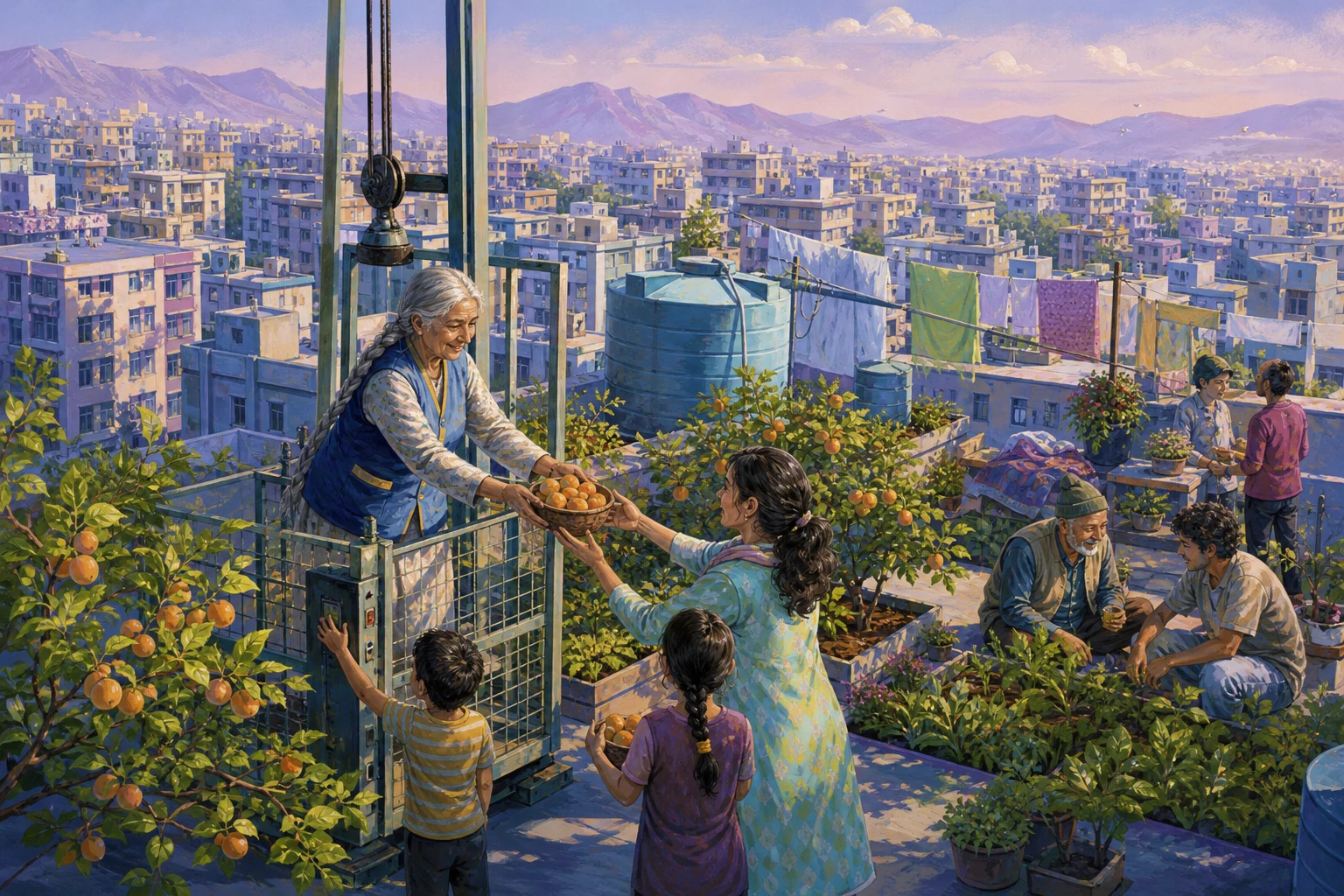 Belen shares the first rooftop orchard harvest with neighbors beneath the water tanks.