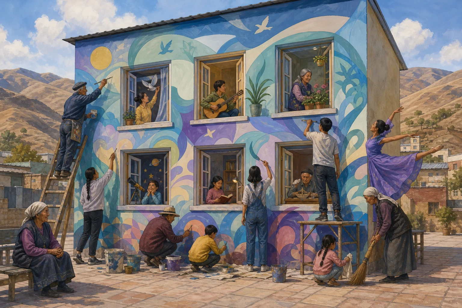 A sign painter and neighbors collaborate on a mural of open windows outside a recreation hall.