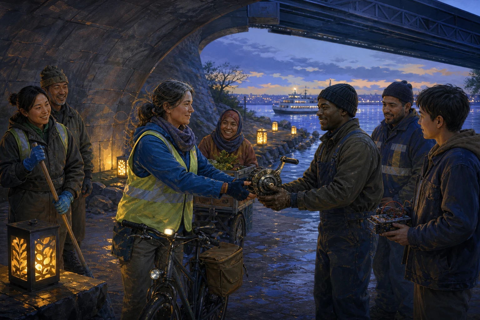 Residents share a hand crank to keep sheltered lanterns glowing beneath a freight bridge.