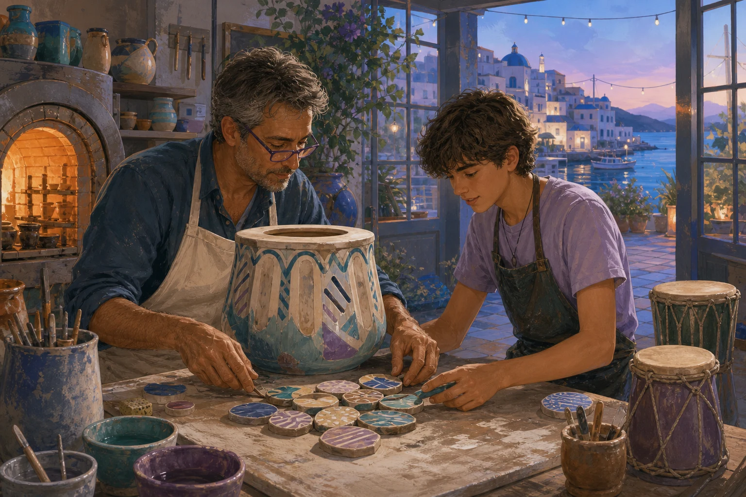 A pottery teacher and teenage apprentice arrange colorful rhythm tiles beside a large collaborative ceramic vessel in a warmly lit studio.