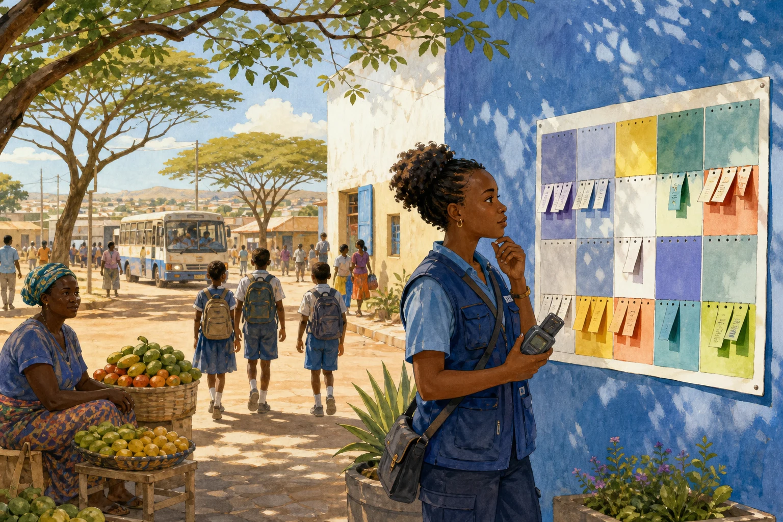 A community gathers around a colorful shared water schedule on a blue wall while a young utility worker listens.