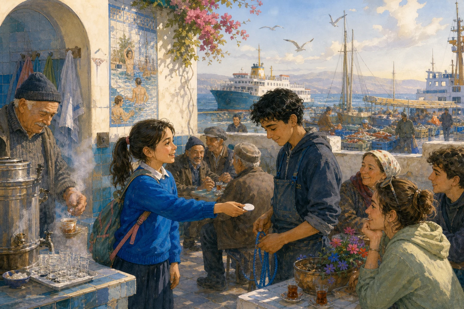 Mina welcomes a quiet ferry cleaner into a warm intergenerational gathering in a coastal bathhouse courtyard.
