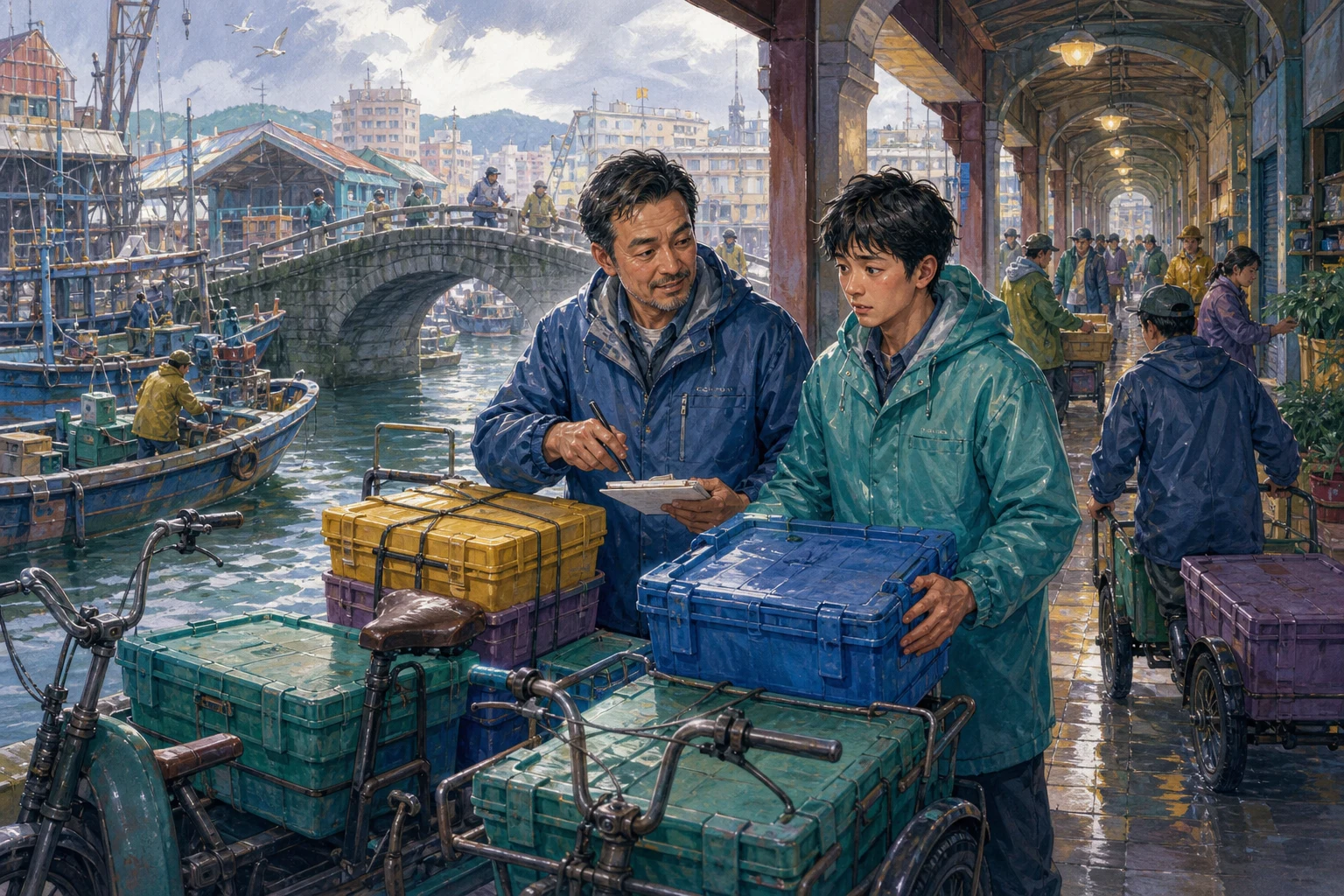 A dispatcher and trainee organize color-coded delivery crates beside cargo tricycles in a rainy market arcade.
