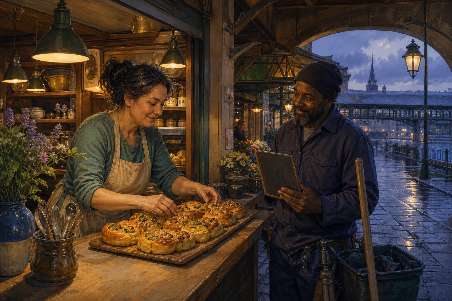 Sela arranges savory rolls at a warmly lit market kiosk while a custodian holds a preorder slate.