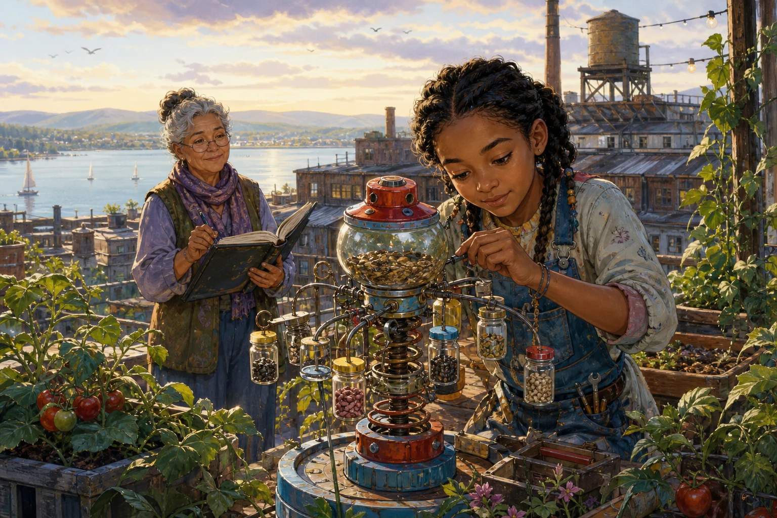 A girl repairs a handmade clockwork seed dispenser in a sunny rooftop garden while an archivist records shared harvests.