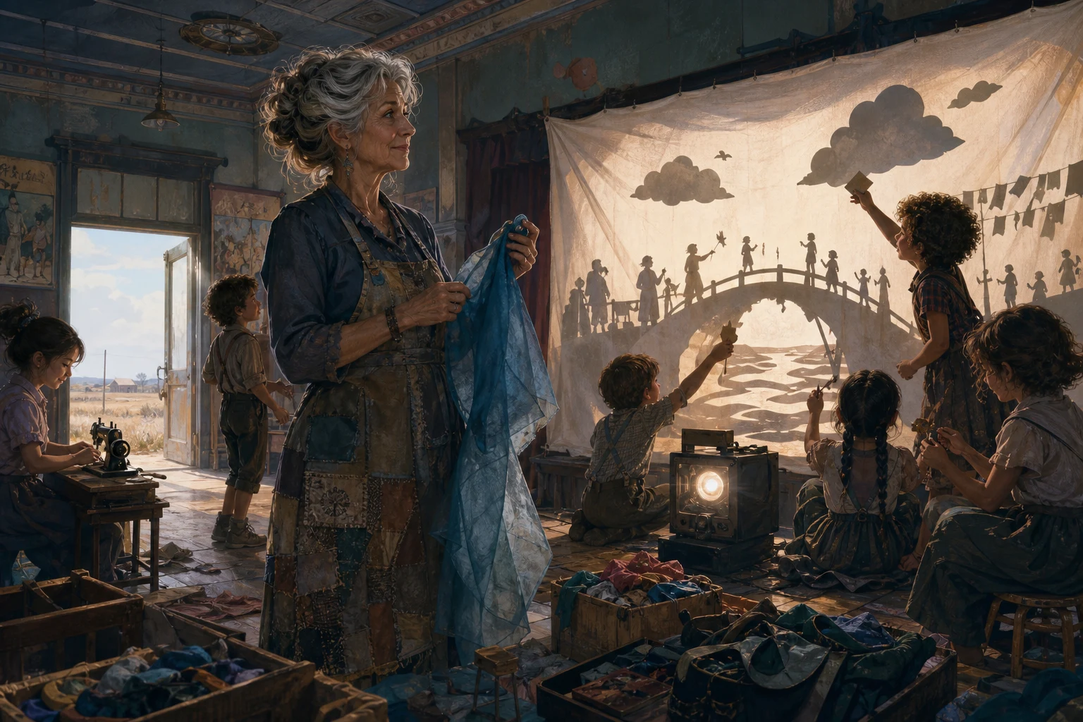 An older costume designer and children create a luminous shadow play from fabric scraps in a cinema lobby.