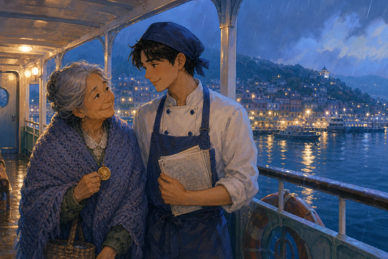 A retired ferry clerk and a young apprentice cook share a meaningful moment aboard a glowing night ferry in a fictional coastal town.
