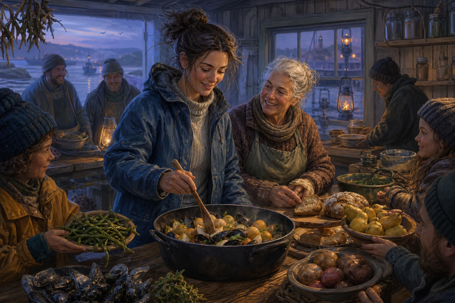 A young harbor clerk cooks an improvised communal supper with an older baker and island neighbors.