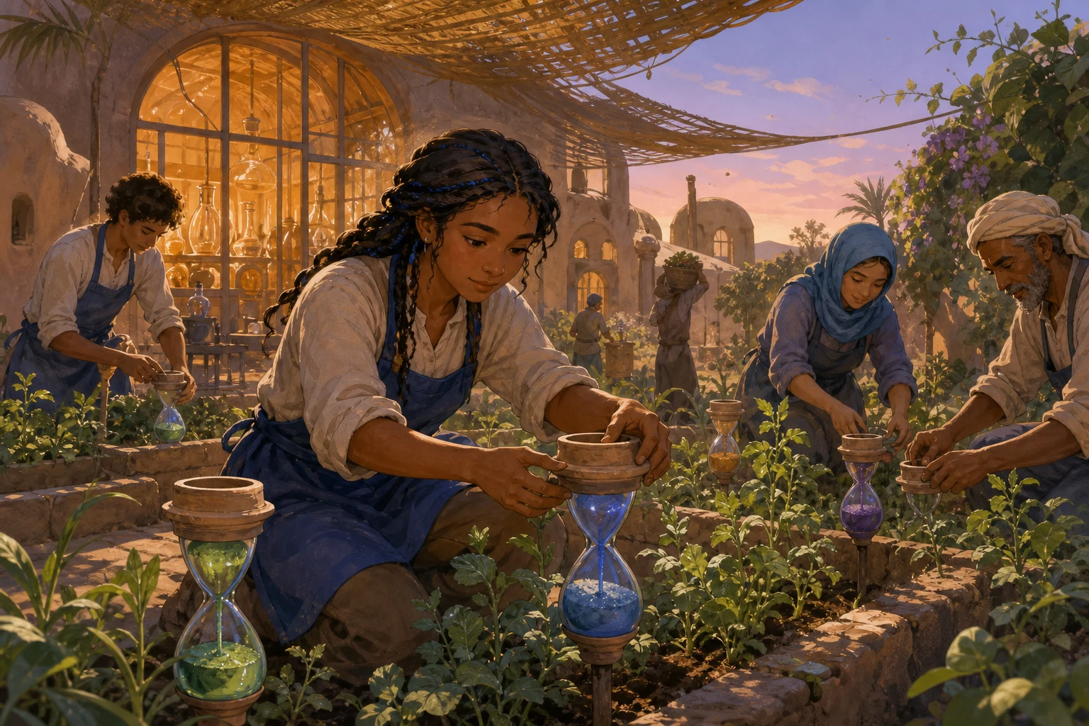 A young glassblower and gardeners test colorful sand timers among green beds in a sunlit desert garden.
