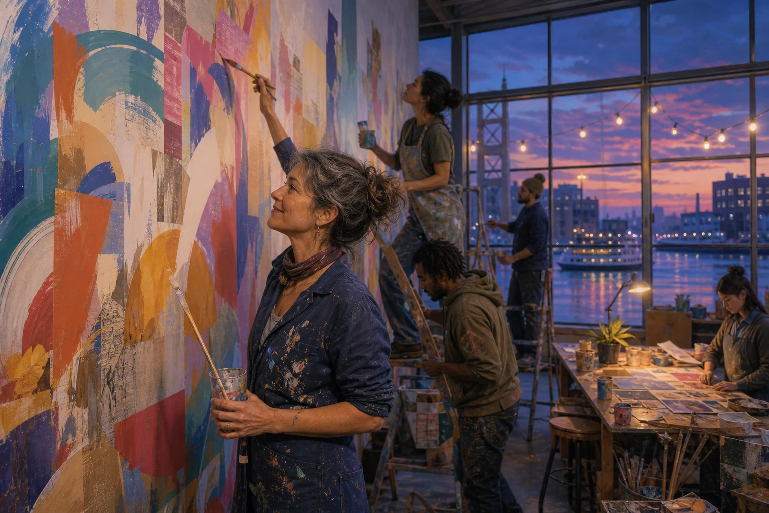 A sign painter and neighbors add new marks to an intentionally unfinished mural in a lakeside studio.
