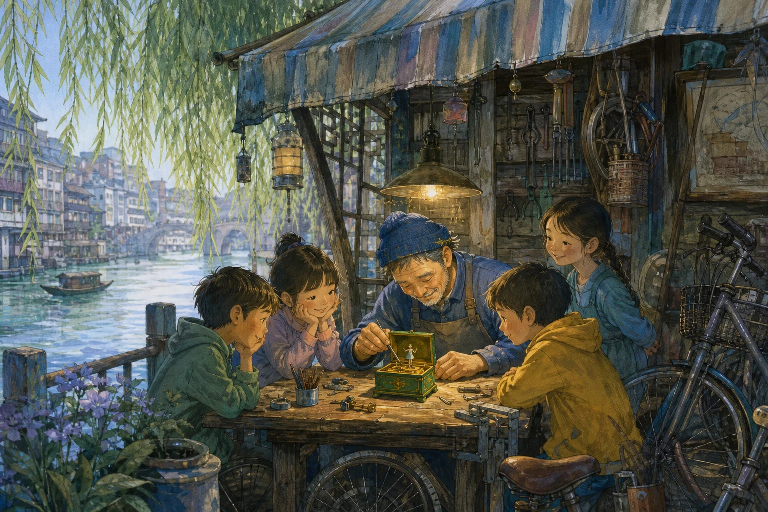 A mechanic and children repair a worn green music box at a riverside workshop table.