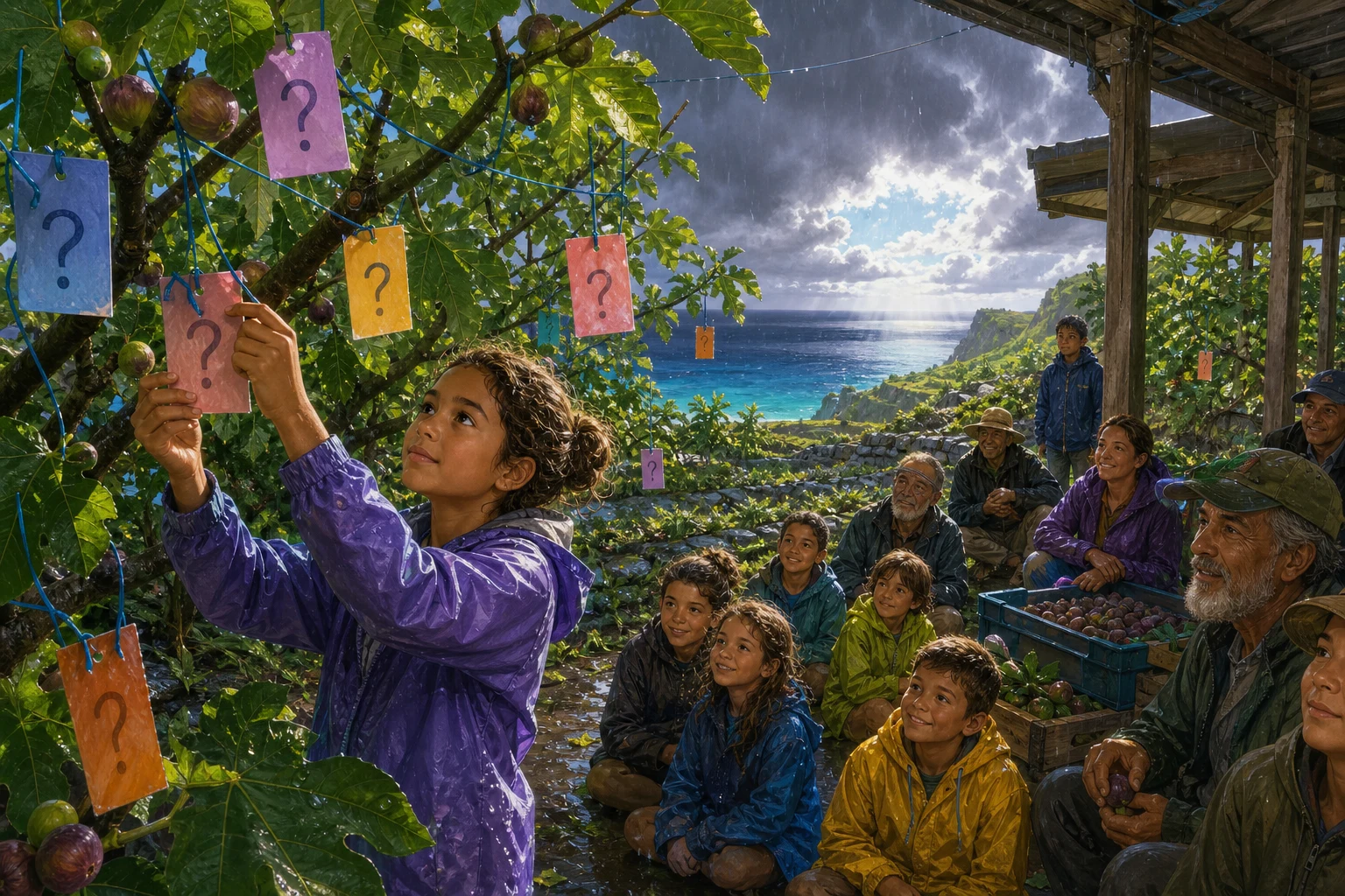 Children and older growers gather among question cards in a rain-damp terraced orchard as the storm clears.