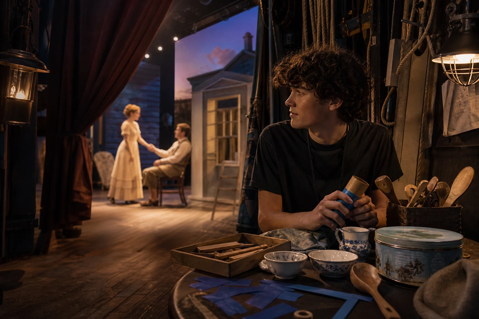 A young stagehand conducts a handmade sound-effects table backstage while actors perform beyond the curtain.