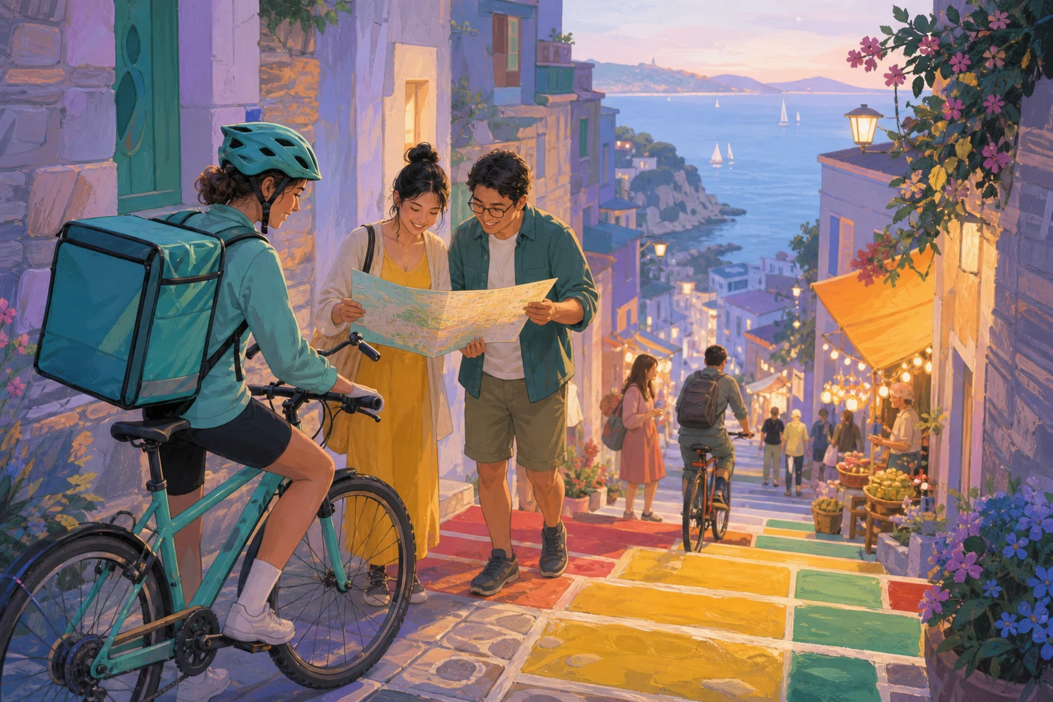 A bicycle courier and neighbors use painted doorstep markers and a shared map to make a busy coastal lane easier for everyone to navigate.