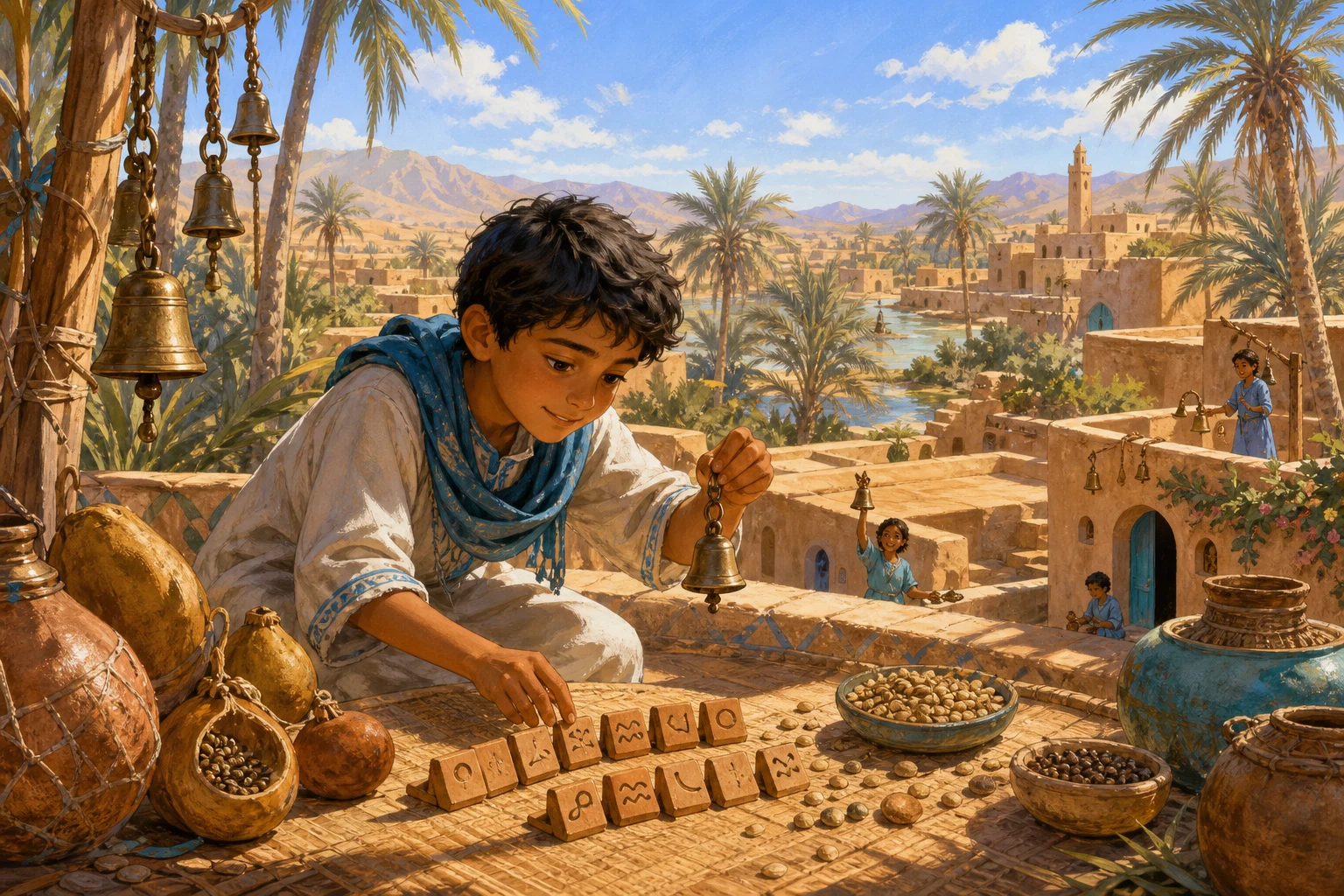 Children create a chain of gentle musical signals across a desert oasis to invite everyone to learning hour.