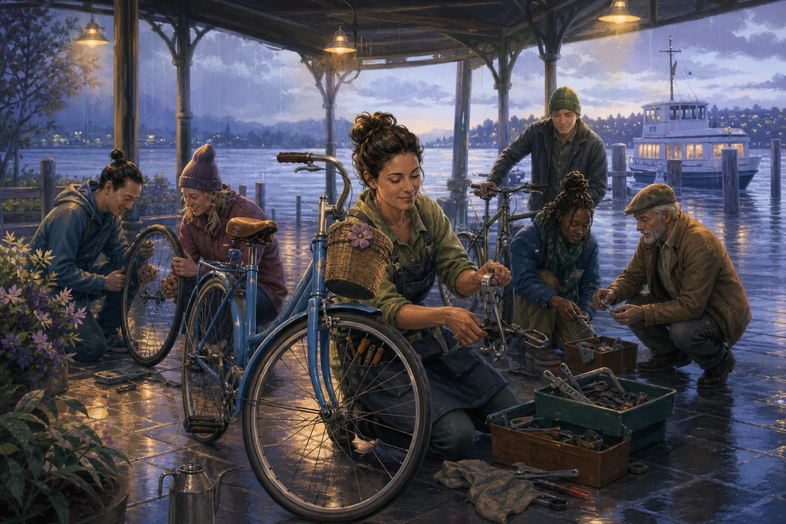 Adult learners repair bicycles together under warm lights at a lakeside ferry terminal while their mechanic teacher gives them room to try.