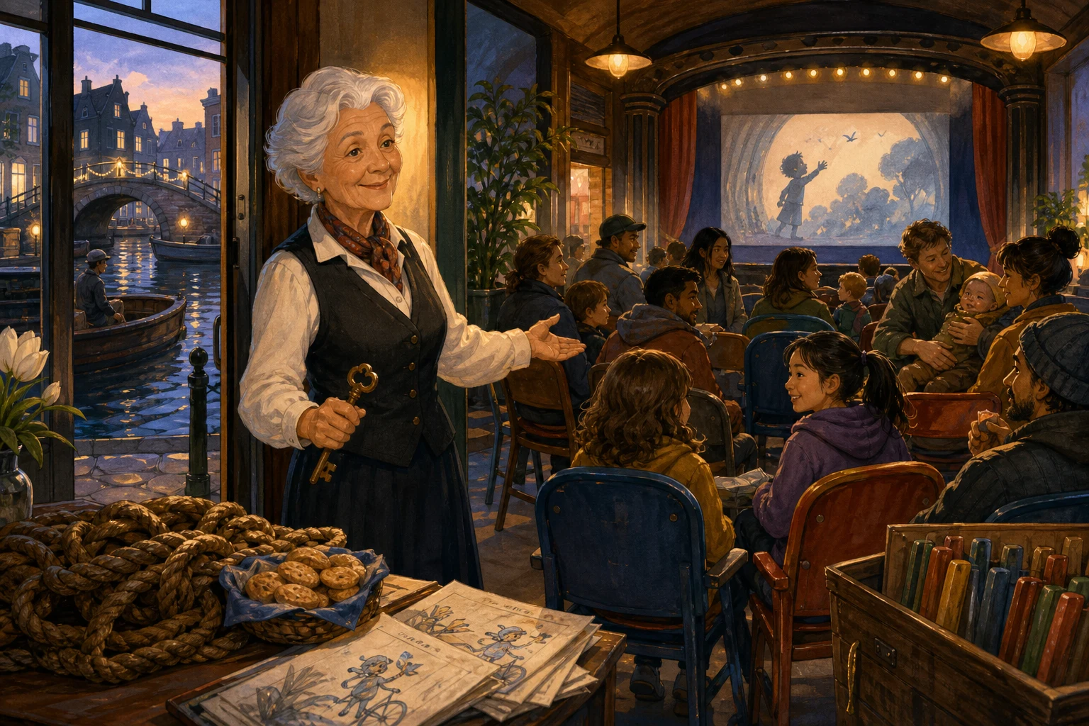 A retired cinema usher welcomes a lively gathering where neighbors bring food, performances, and memories to a shared film afternoon.