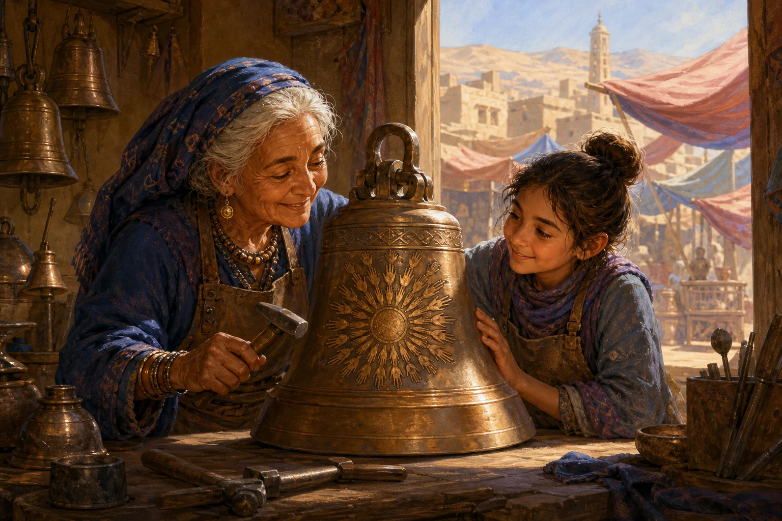An elderly bellmaker and a young apprentice admire a newly repaired bronze school bell in a warm desert workshop.
