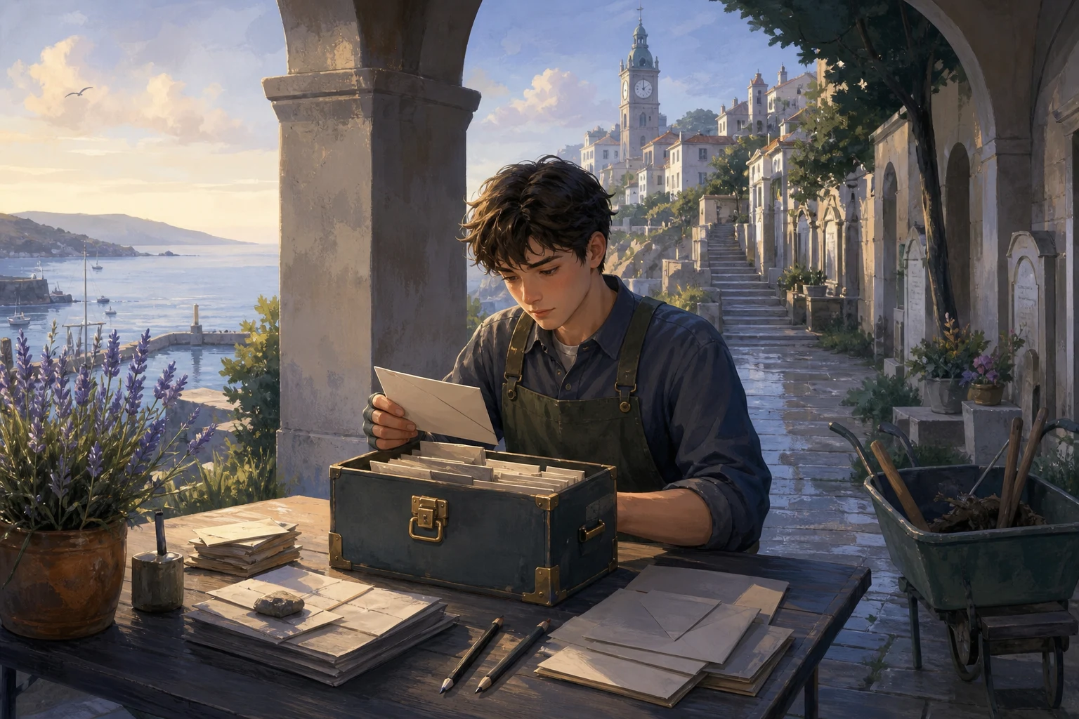 A teenager organizes old envelopes and blank writing cards at a harbor-side table beneath an arcade.