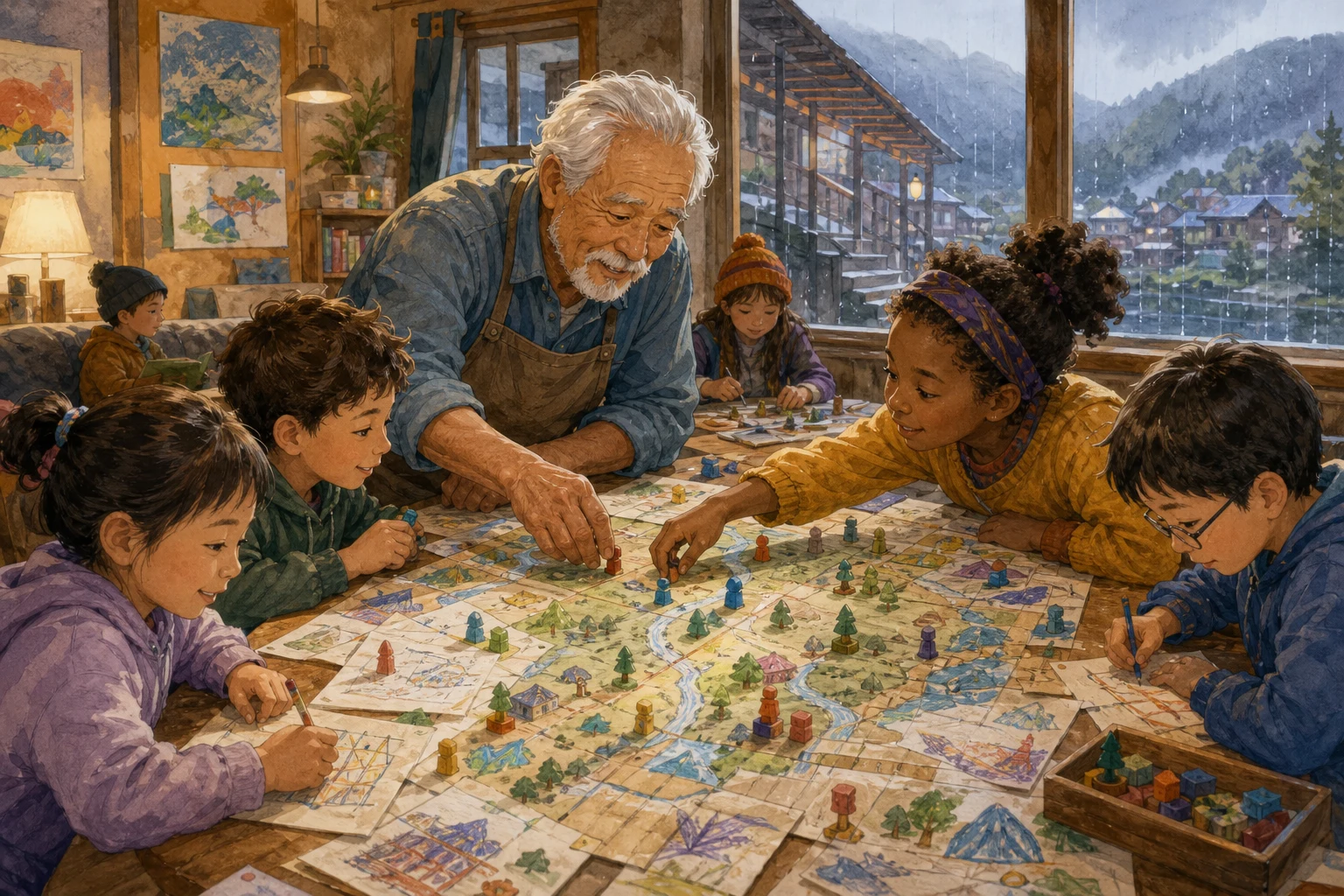 A retired caretaker and children add drawings to a handmade board game in a rainy mountain-town recreation room.