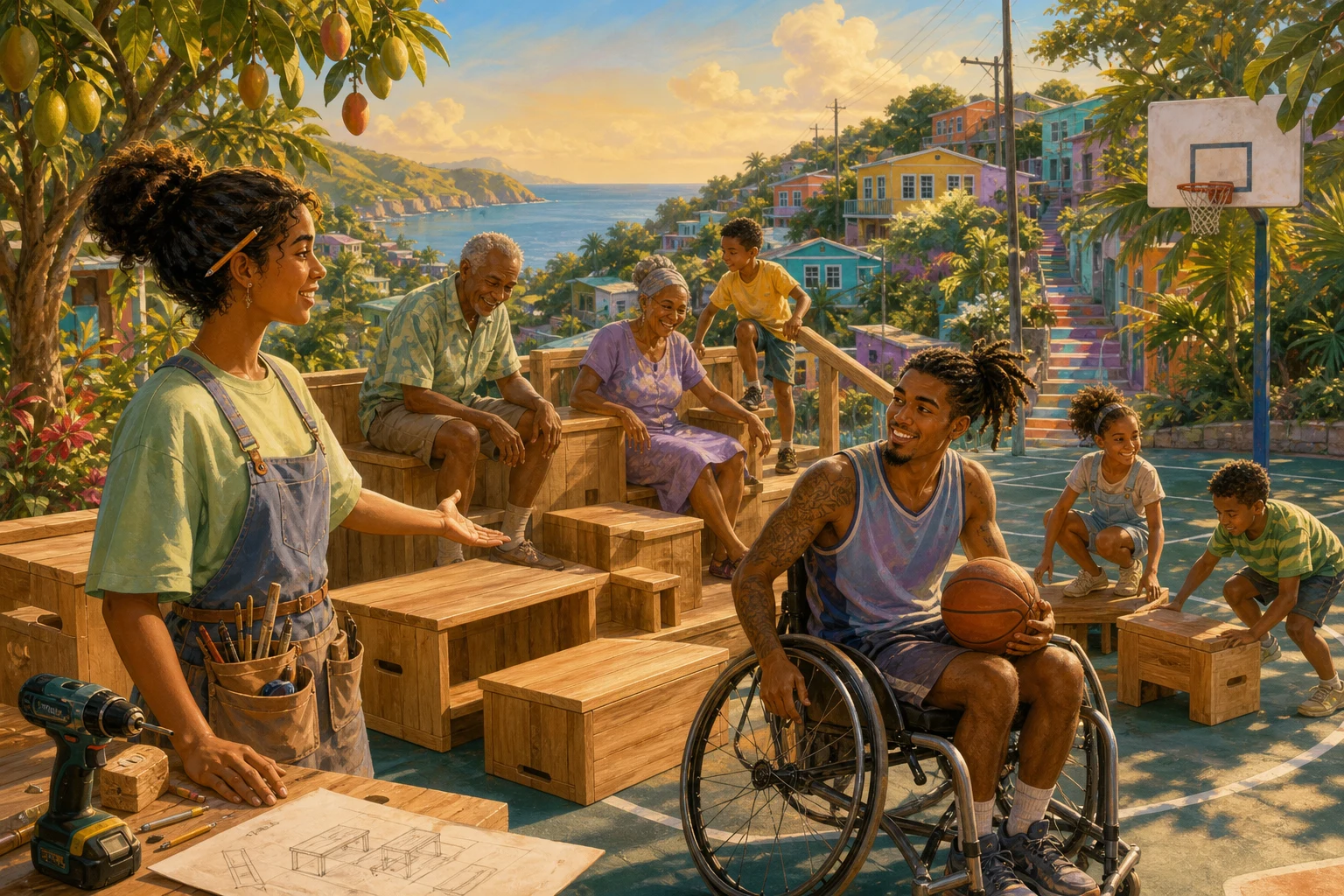 Noemi and her brother admire accessible modular wooden benches beside a lively community basketball court.