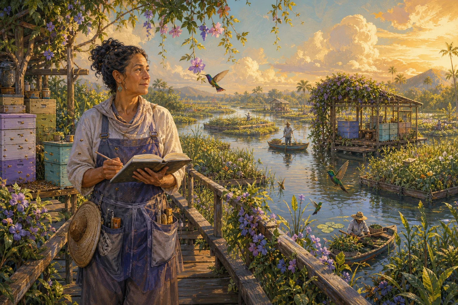 Yara holds a handwritten ledger on a footbridge above floating gardens while hummingbirds cross the sunset marsh.