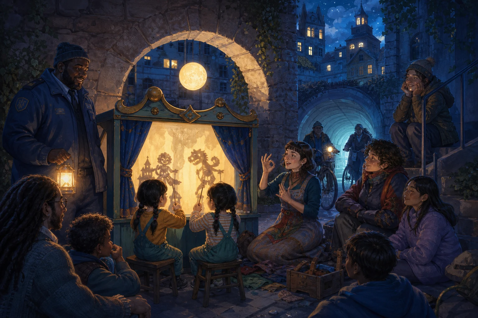 Twins perform an inclusive shadow-puppet show in a glowing courtyard theater while neighbors gather around.