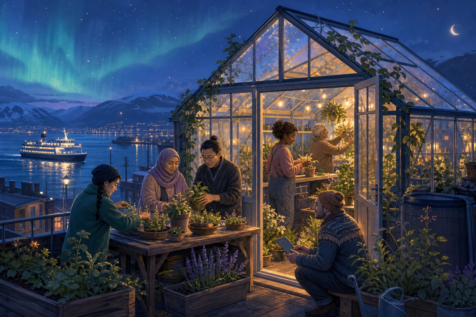 Adult learners tend herbs together in a glowing rooftop greenhouse above a harbor at night.